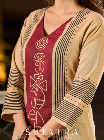 Artisan Beige Hand Block Printed Kurta With Bold Maroon Tribal Printed Panel
