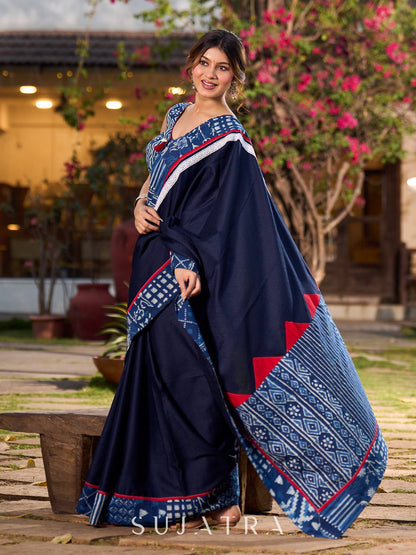 Navy Blue Jacquard Cotton Saree with Indigo Contrast Patchwork Border
