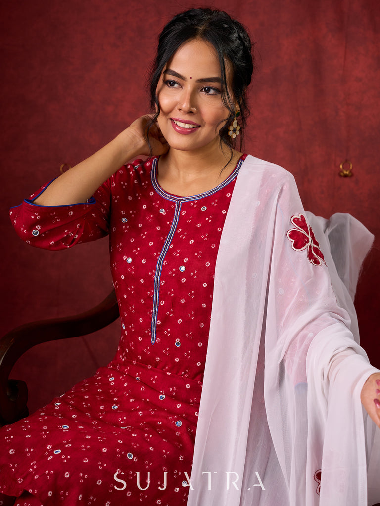 Hand-Embroidered Rayon Bandhani Kurta  - Salwar n applique dupatta optional.
