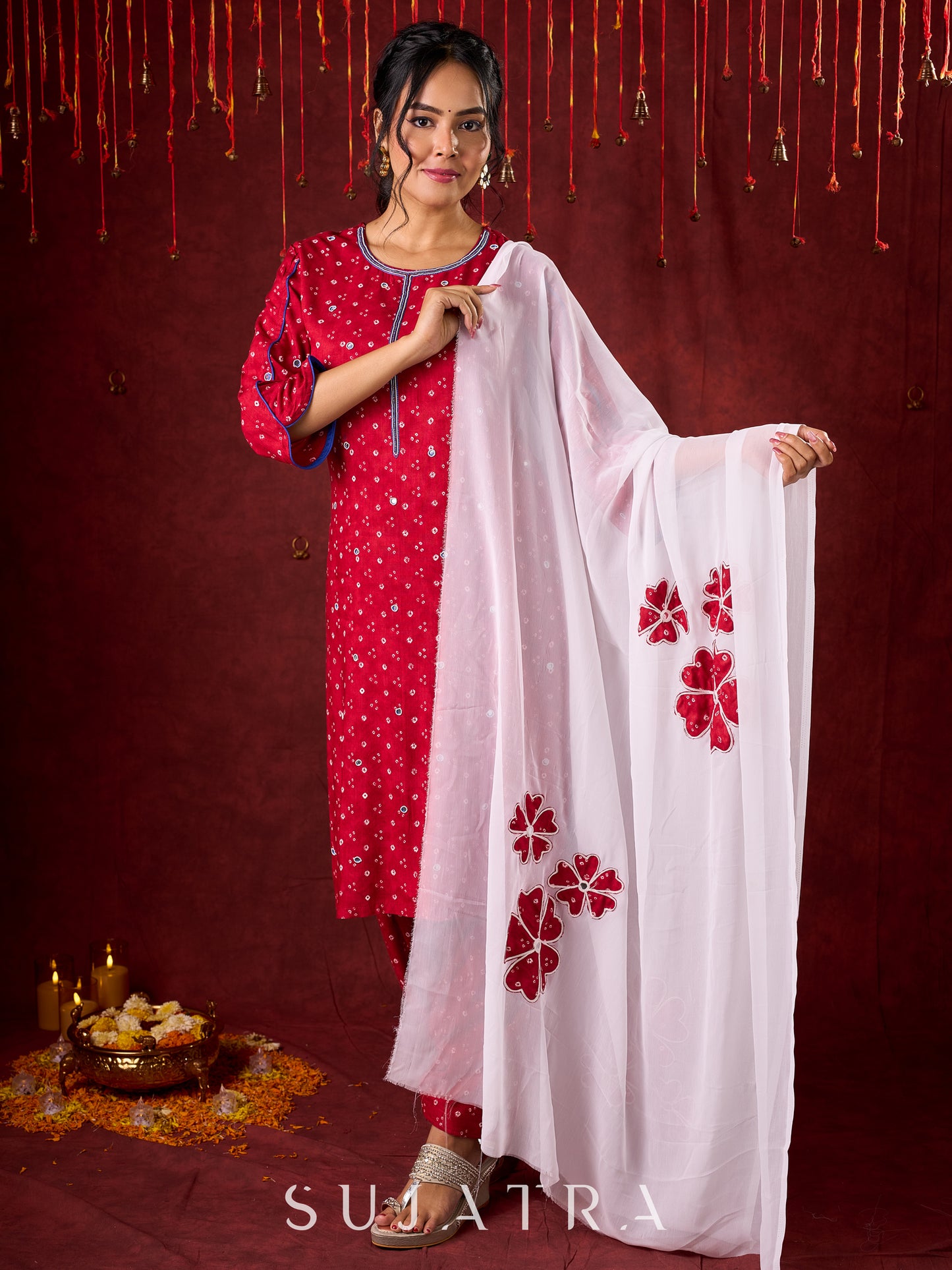 Hand-Embroidered Rayon Bandhani Kurta  - Salwar n applique dupatta optional.