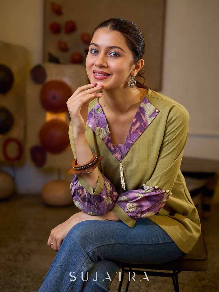 Sophisticated Sage Green Box Pleated Cotton Top with Contrasting Print Collar and Sleeves featuring Delicate Pearl Embellishments