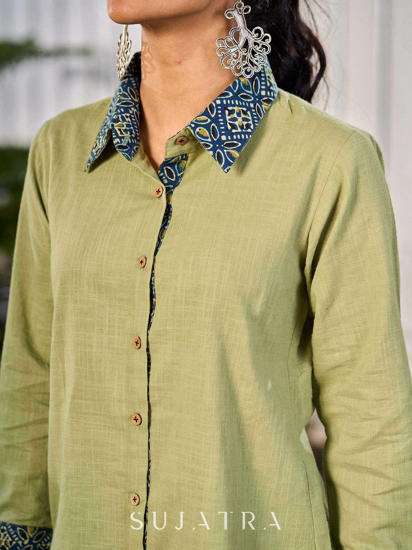 Sage Green Cotton Shirt Accented With Traditional Ajrakh Prints