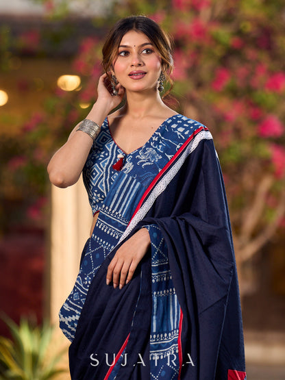 Navy Blue Jacquard Cotton Saree with Indigo Contrast Patchwork Border
