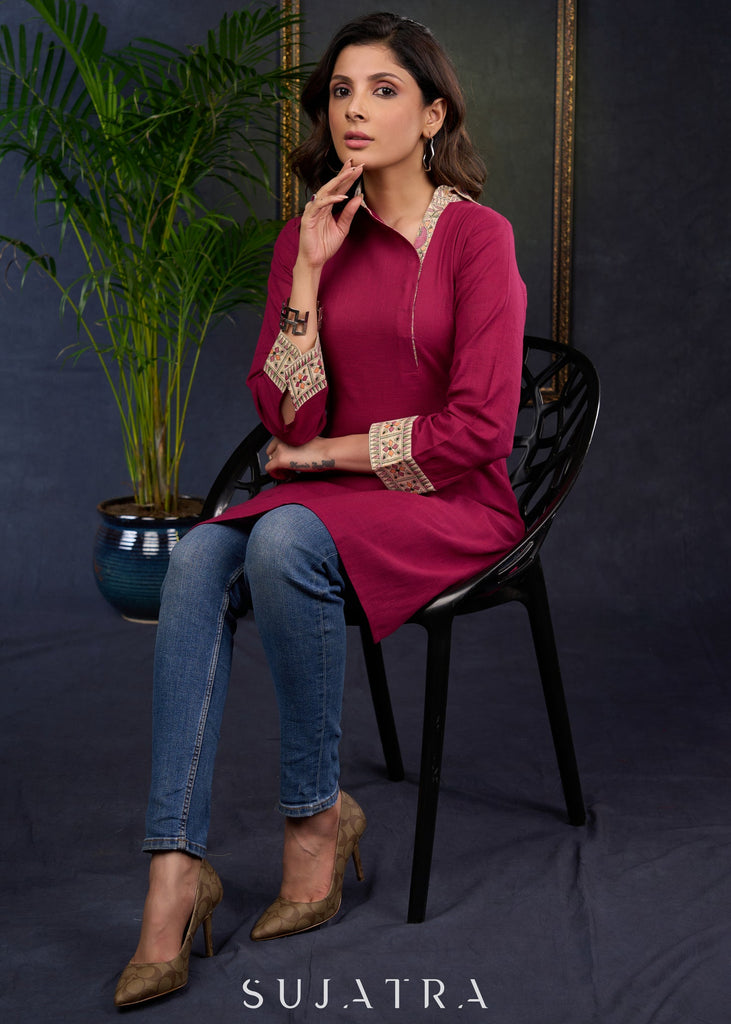 Magenta Cotton Tunic With Unique Madhubani Print Collar.