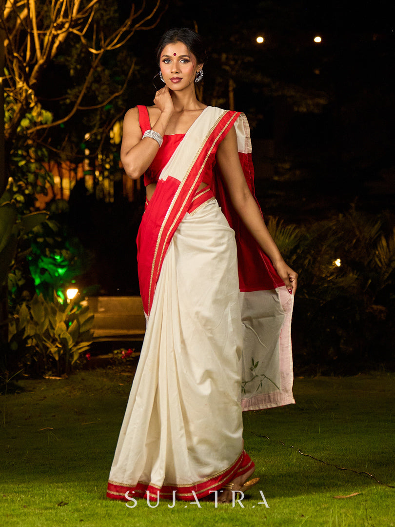 Timeworn Ivory Chanderi Saree with Red-Gold Border & Hand-Painted Pujo Special Pallu