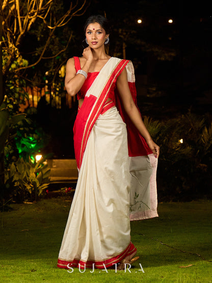 Timeworn Ivory Chanderi Saree with Red-Gold Border & Hand-Painted Pujo Special Pallu