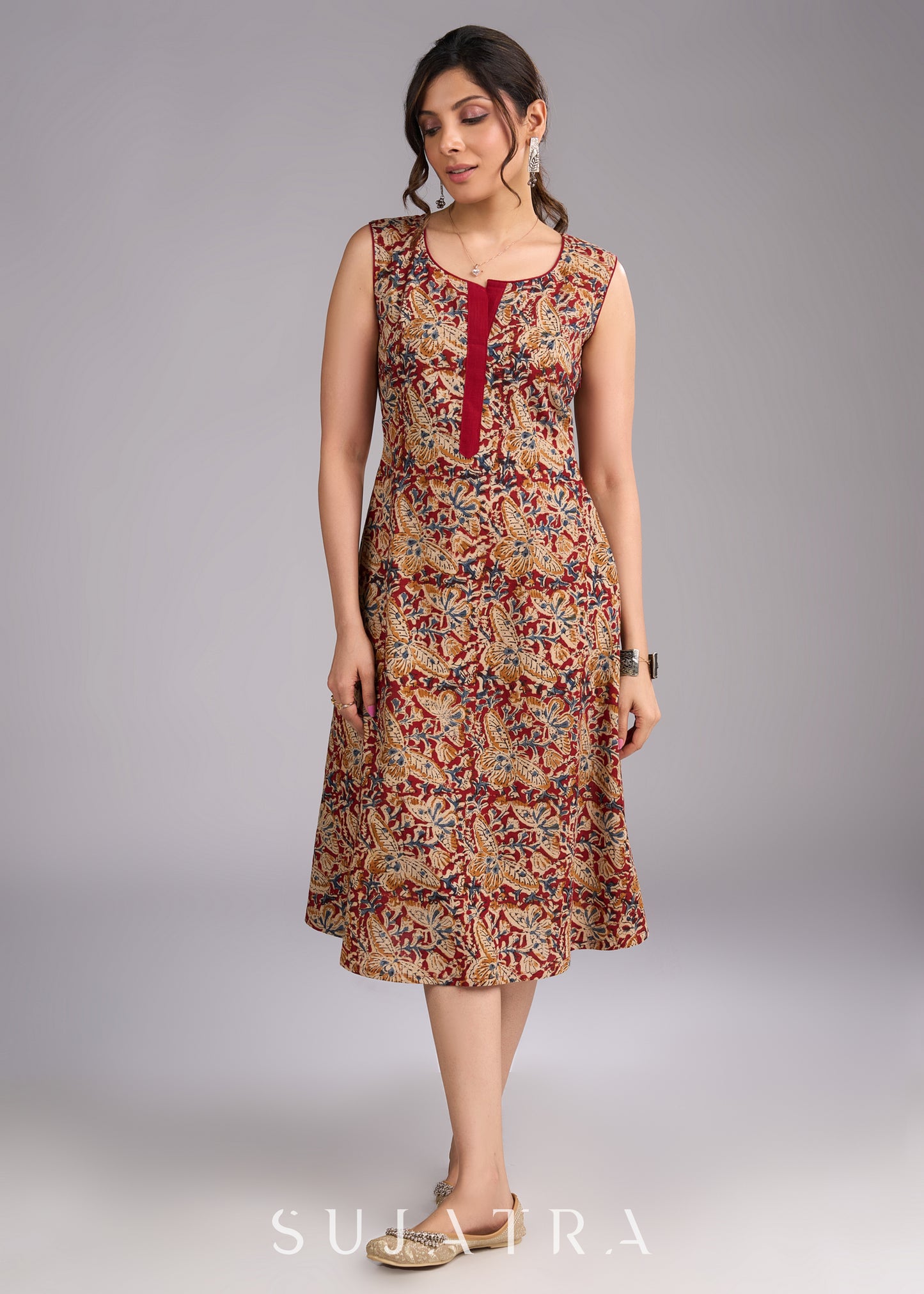 Timeless Maroon Kalamkari Sleeveless Dress - Hakoba jacket optional