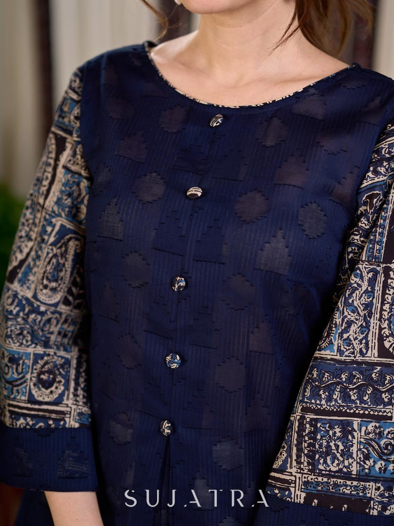 Dussehra Sale — Striking Navy Blue Jacquard Cotton Straight Kurta with Kalamkari Sleeves and Button Detail