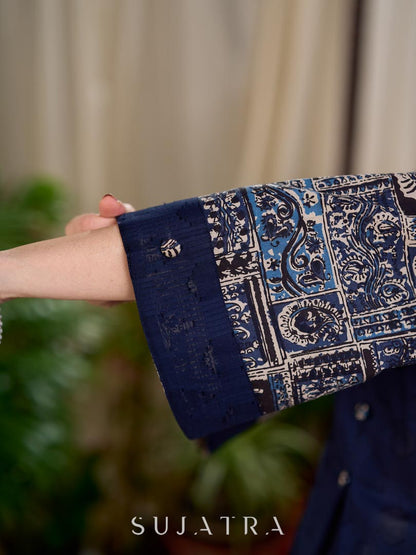 Dussehra Sale — Striking Navy Blue Jacquard Cotton Straight Kurta with Kalamkari Sleeves and Button Detail