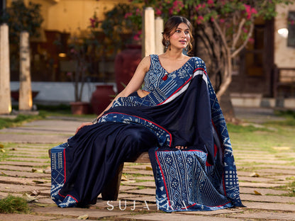 Navy Blue Jacquard Cotton Saree with Indigo Contrast Patchwork Border