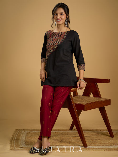 Graceful hand painted cotton ajrakh combination black top - Pant optional