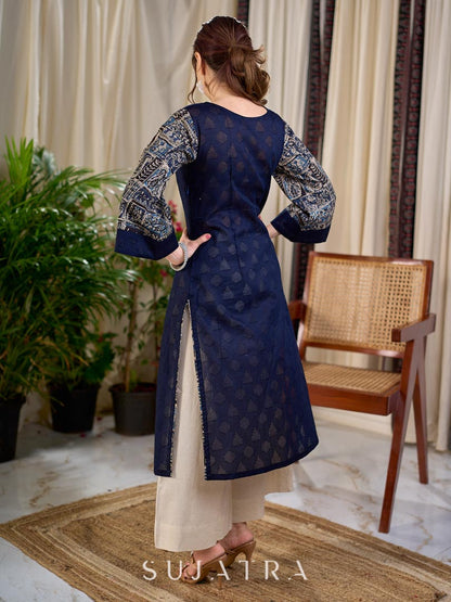 Dussehra Sale — Striking Navy Blue Jacquard Cotton Straight Kurta with Kalamkari Sleeves and Button Detail