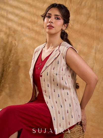 Ivory Handloom Jacquard Cotton Sleeveless Longline Jacket with Lapel Collar