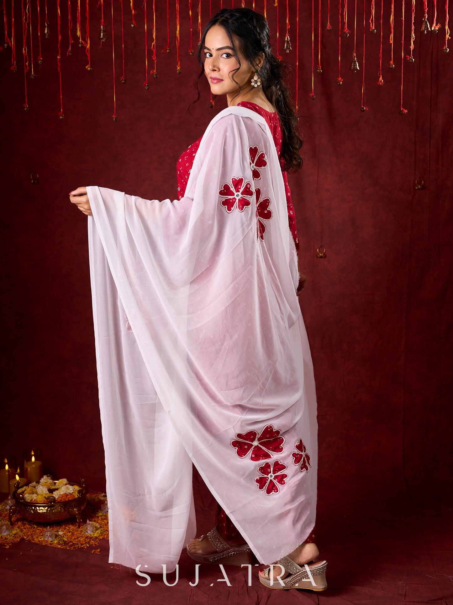 Hand-Embroidered Rayon Bandhani Kurta  - Salwar n applique dupatta optional.