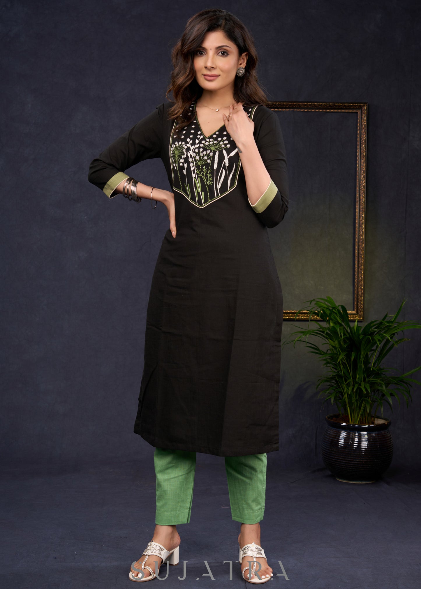 Classic-Black-Cotton-Straight-Cut-Kurta-With-Beautiful-Floral-Embroidered-Yoke--Pant-Optional