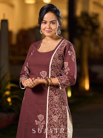 Earthy Brown Cotton Kurta With Elegant Hand Block Floral Prints And Highlighted Printed Panel