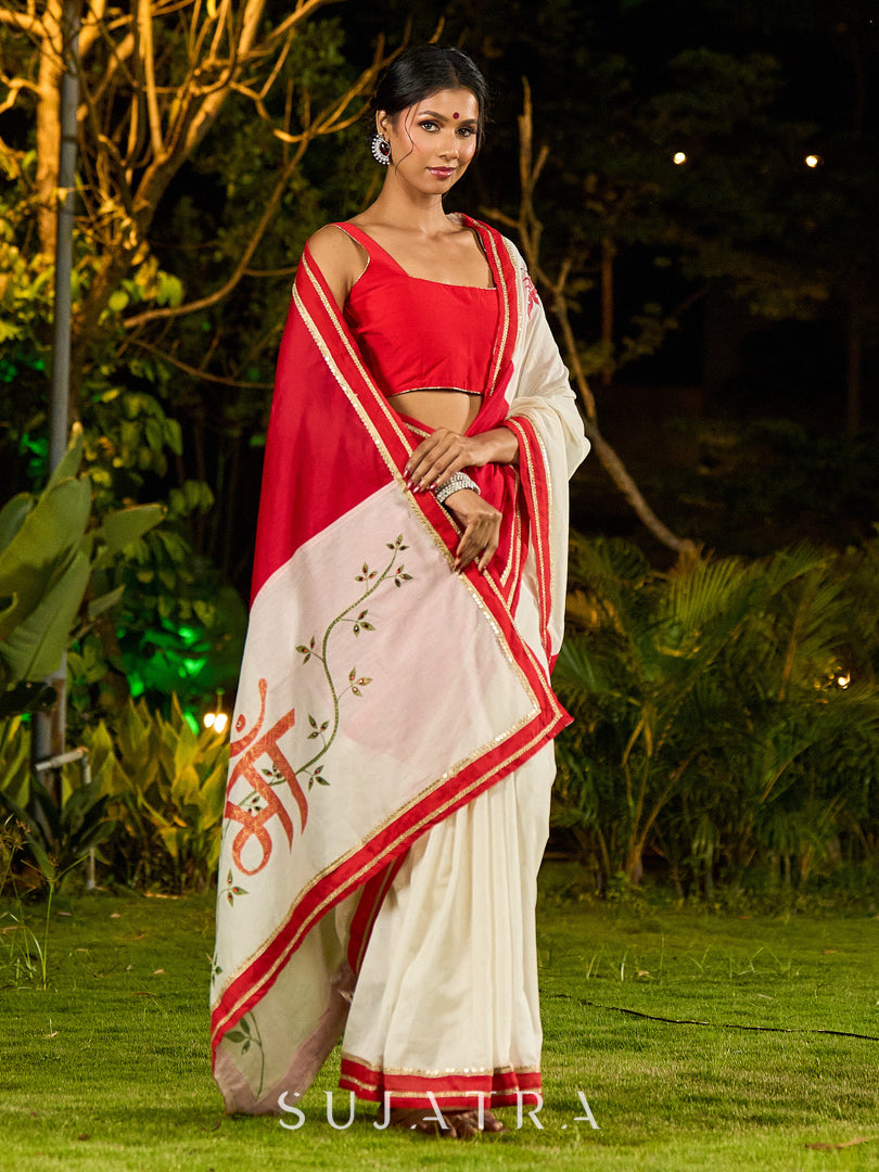 Timeworn Ivory Chanderi Saree with Red-Gold Border & Hand-Painted Pujo Special Pallu