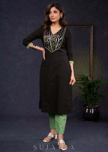 Classic-Black-Cotton-Straight-Cut-Kurta-With-Beautiful-Floral-Embroidered-Yoke--Pant-Optional