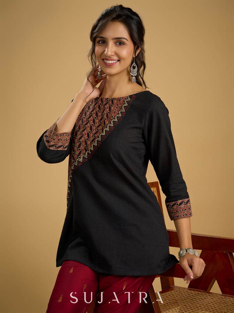 Graceful hand painted cotton ajrakh combination black top - Pant optional