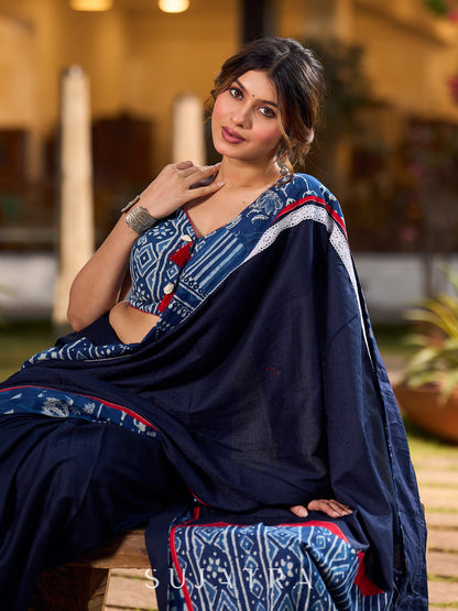 Navy Blue Jacquard Cotton Saree with Indigo Contrast Patchwork Border