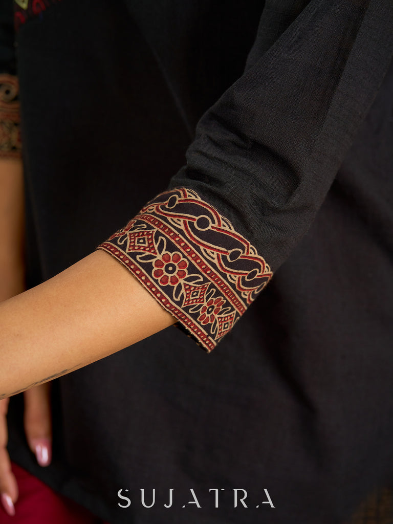 Graceful hand painted cotton ajrakh combination black top - Pant optional