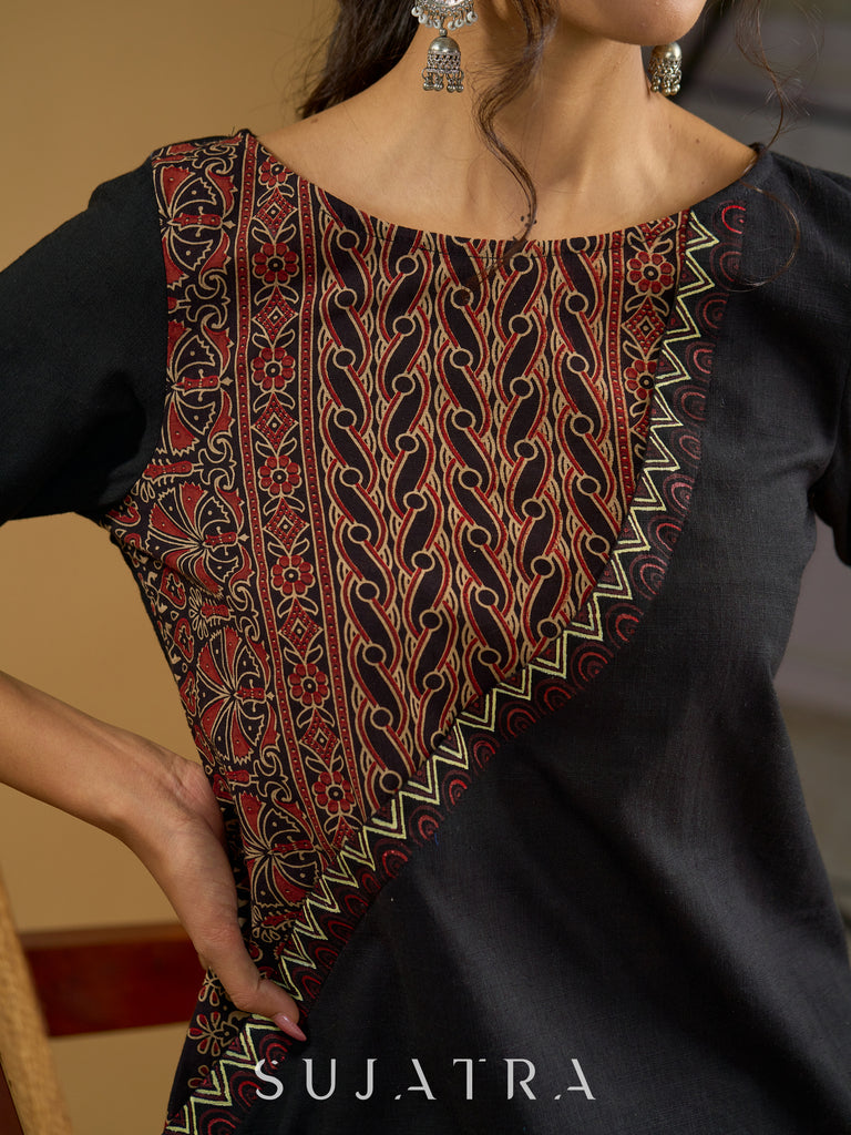 Graceful hand painted cotton ajrakh combination black top - Pant optional