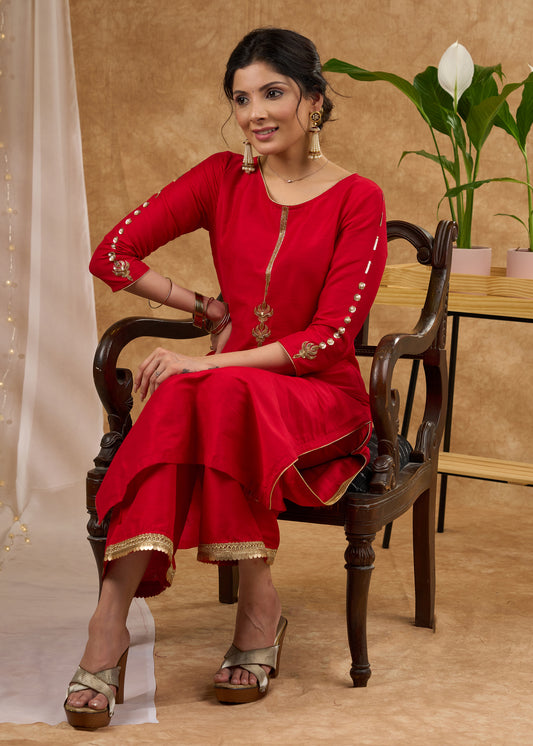 Stunning red cotton silk kurta adorned with intricate hand embroidery Pant optional