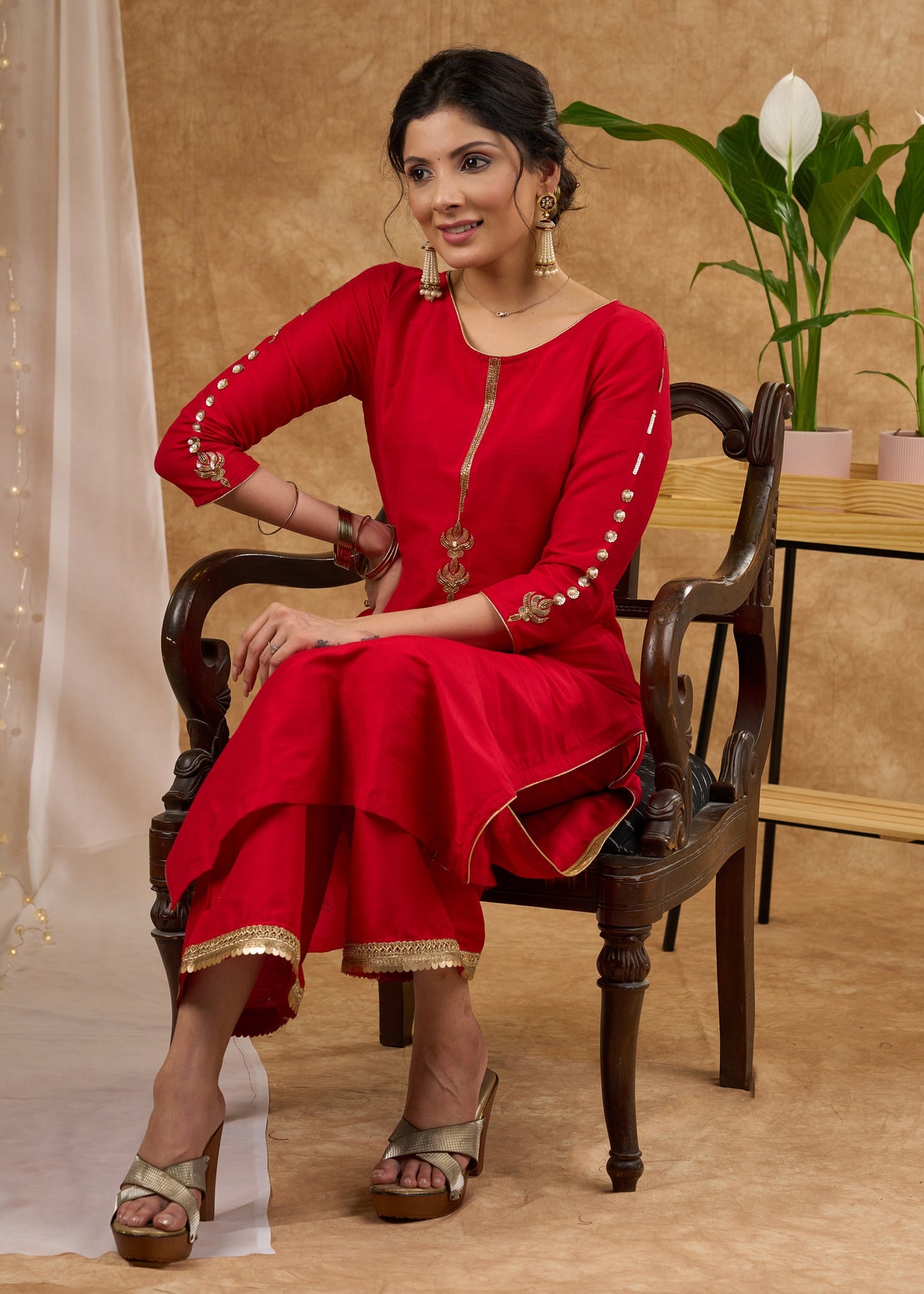 Red Cotton Silk Pant
