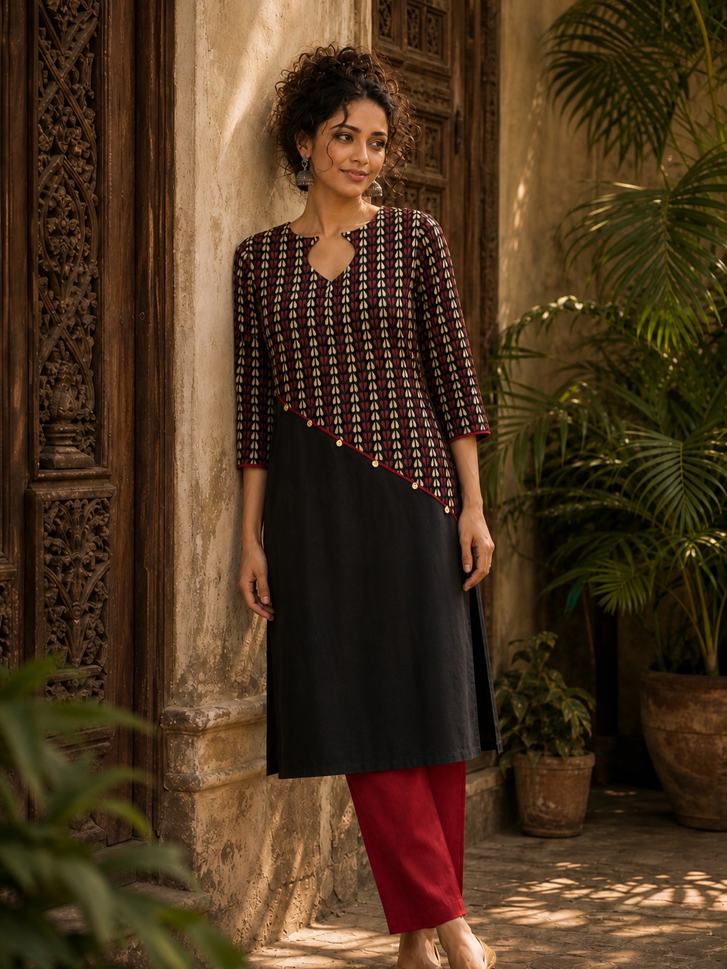 Black Cotton Kurta with Ajrakh Printed Asymmetrical Panel and Coin Detailing