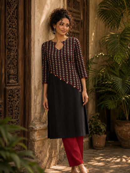 Black Cotton Kurta with Ajrakh Printed Asymmetrical Panel and Coin Detailing