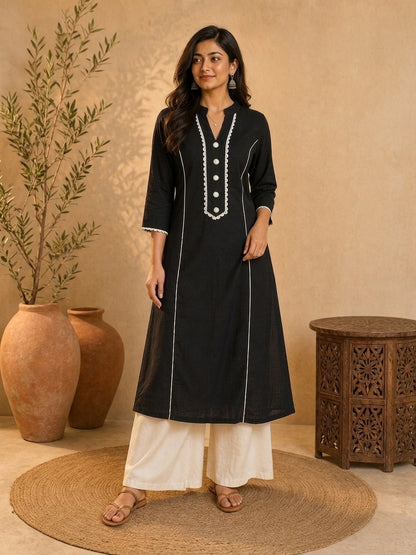 Classic Solid Black Straight Kurta Featuring White Contrast Piping Panels & Ric Rac Scalloped Neckline