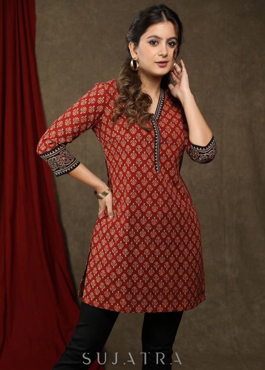 Beautiful maroon cotton ajrakh tunic with combination sleeves