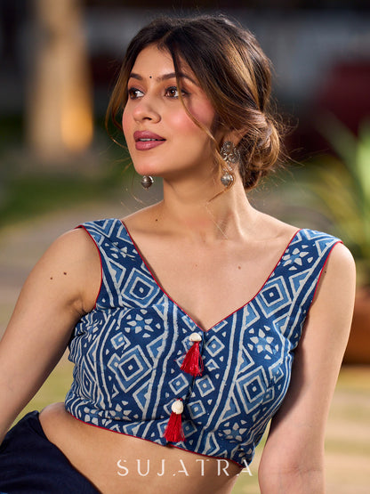 Indigo Cotton Blouse with Bold Motifs