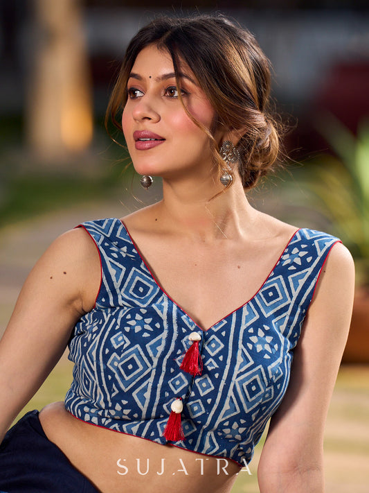 Indigo Cotton Blouse with Bold Motifs