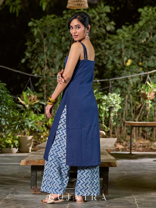 Contemporary Blue Cotton Kurta with Adjustable Straps