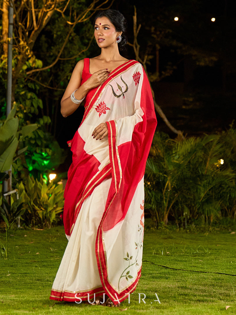Timeworn Ivory Chanderi Saree with Red-Gold Border & Hand-Painted Pujo Special Pallu
