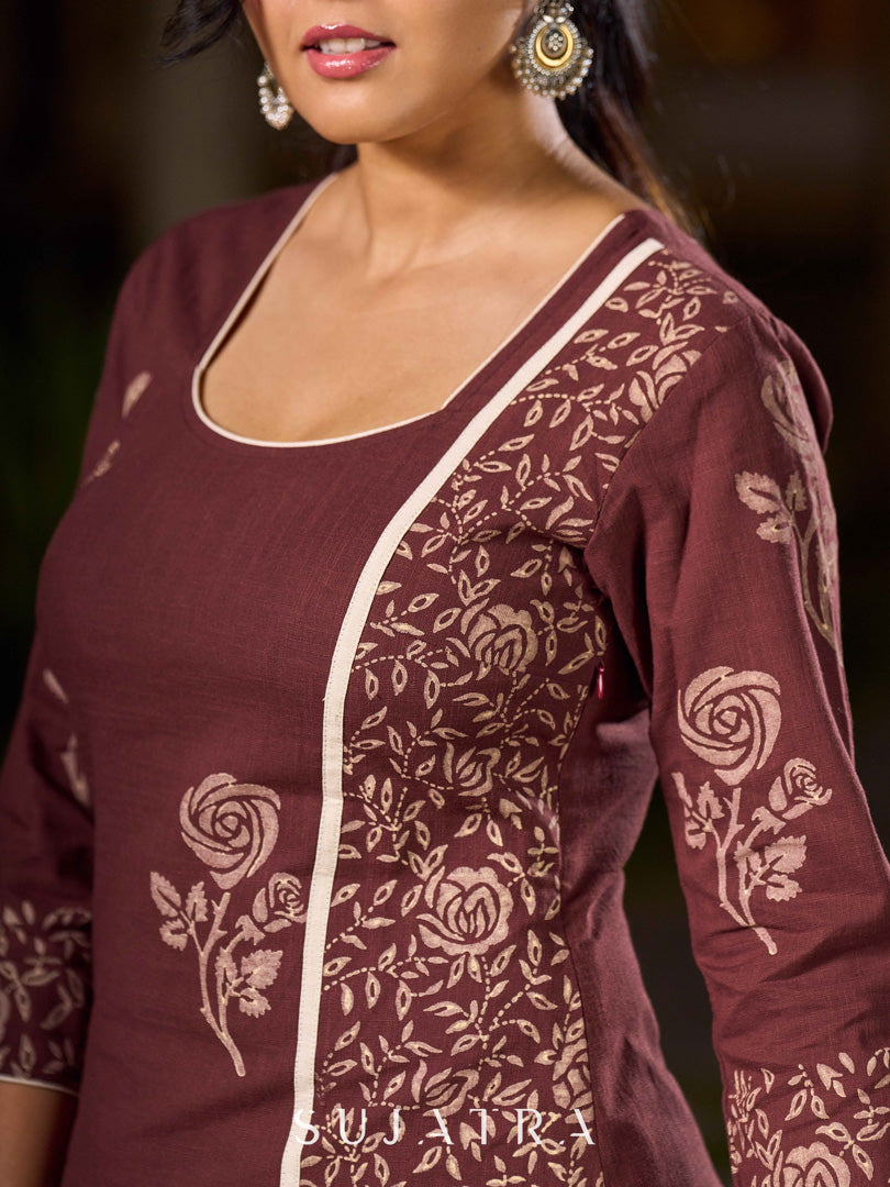 Earthy Brown Cotton Kurta With Elegant Hand Block Floral Prints And Highlighted Printed Panel