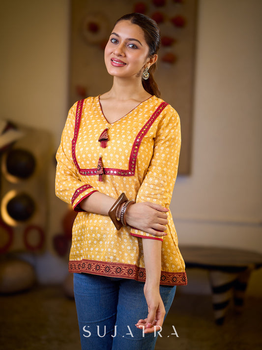 Graceful Yellow Floral Top with Mirror and Tassel Detailing