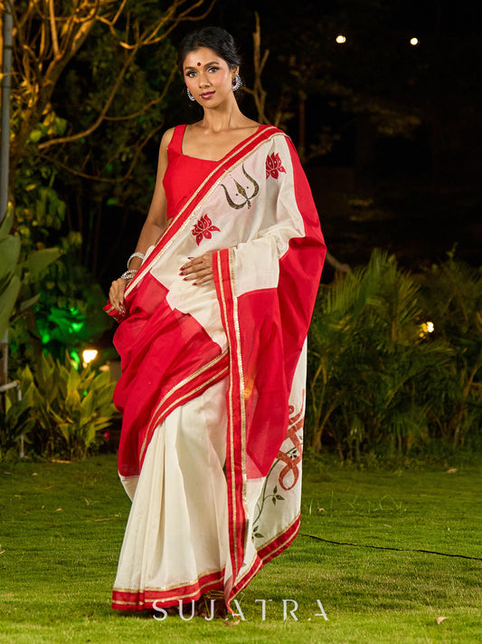 Timeworn Ivory Chanderi Saree with Red-Gold Border & Hand-Painted Pujo Special Pallu