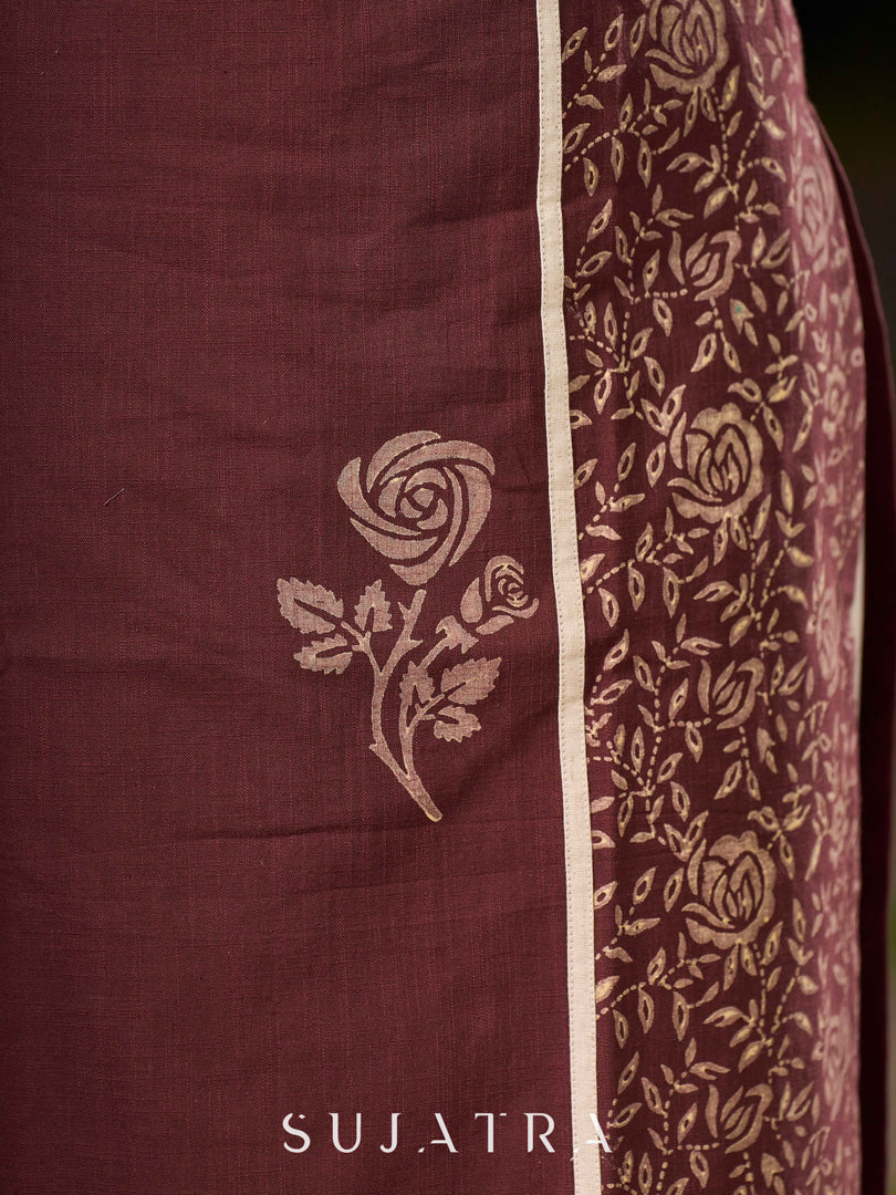 Earthy Brown Cotton Kurta With Elegant Hand Block Floral Prints And Highlighted Printed Panel
