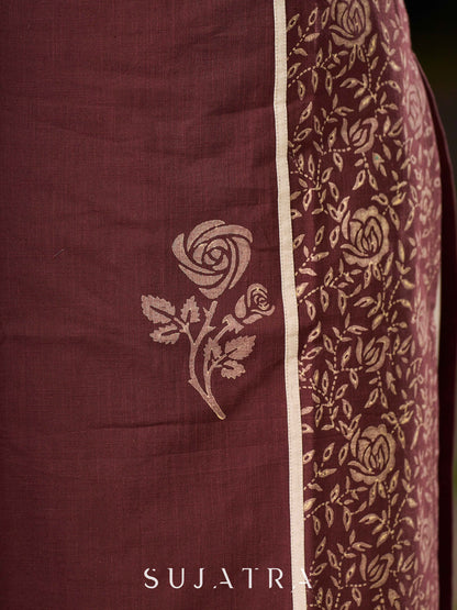Earthy Brown Cotton Kurta With Elegant Hand Block Floral Prints And Highlighted Printed Panel