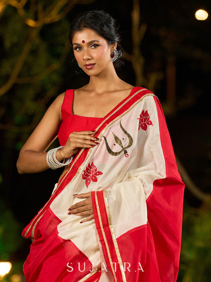Timeworn Ivory Chanderi Saree with Red-Gold Border & Hand-Painted Pujo Special Pallu