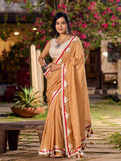 Timeless White & Mustard Checkered Cotton Saree with Delicate Hand Embroidery & Lace Details
