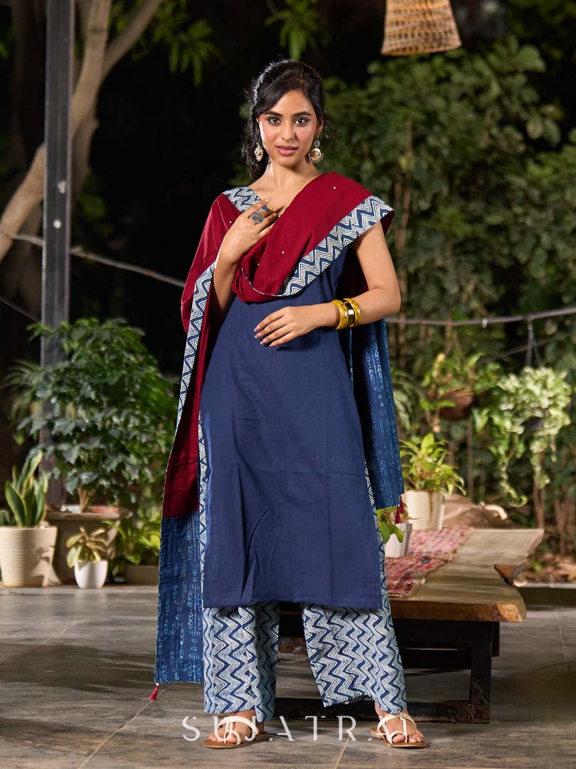 Refined Maroon Rayon Dupatta with Indigo Border & Subtle Pearl Accents