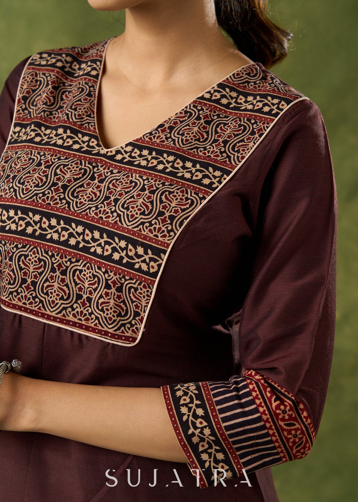 Dussehra Sale — Graceful Dark Brown Cotton Silk Kurta With Ajrakh Yoke - Pant Optional
