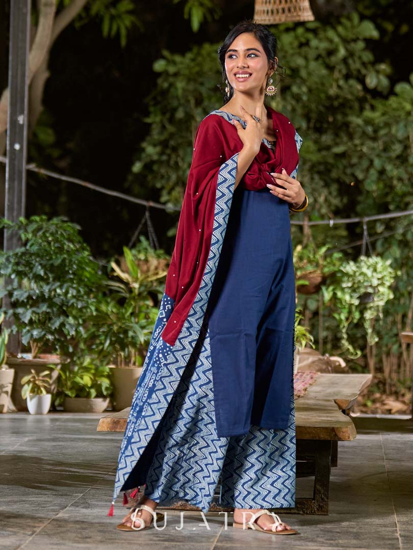 Refined Maroon Rayon Dupatta with Indigo Border & Subtle Pearl Accents