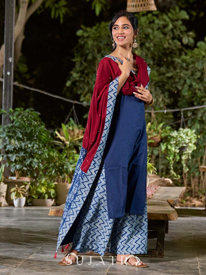 Refined Maroon Rayon Dupatta with Indigo Border & Subtle Pearl Accents