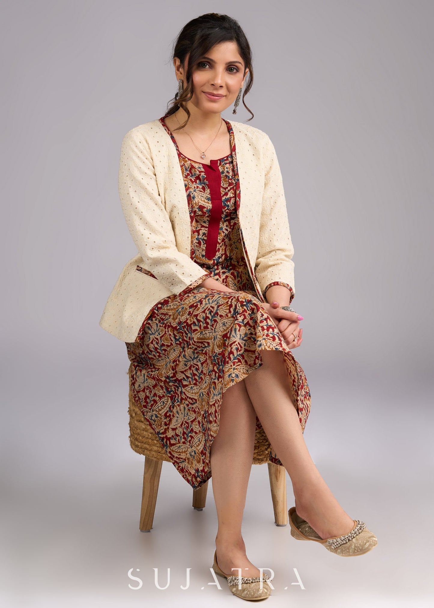 Timeless Maroon Kalamkari Sleeveless Dress - Hakoba jacket optional