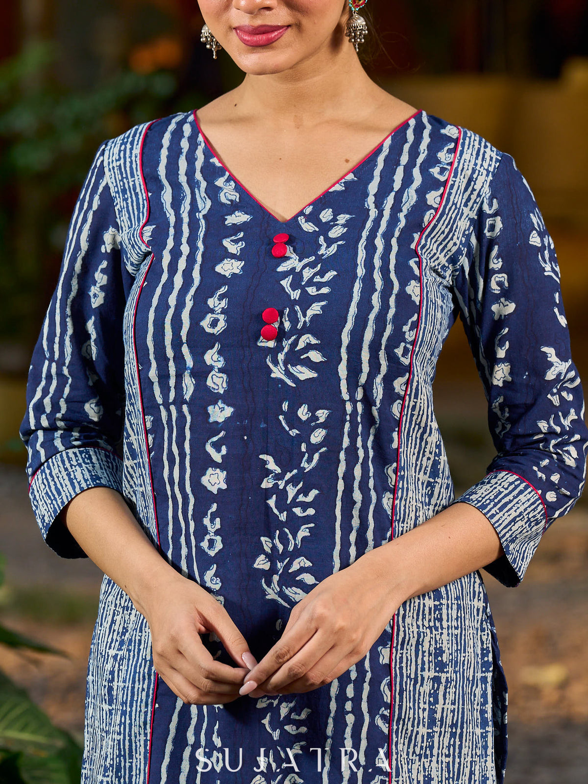 Indigo kurta elevated with delicate pink piping and buttons - Pant Optional