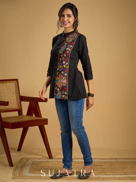 Traditional hand kalamkari designs on contrasting black cotton giving a  classic style - Pant optional